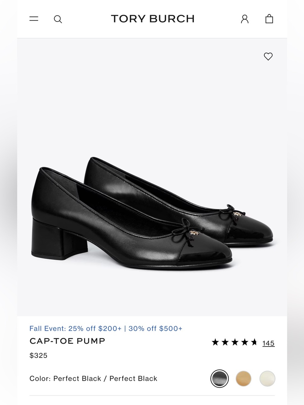 Tory Burch Perfect Black Cap-Toe Low Block Heel Pumps